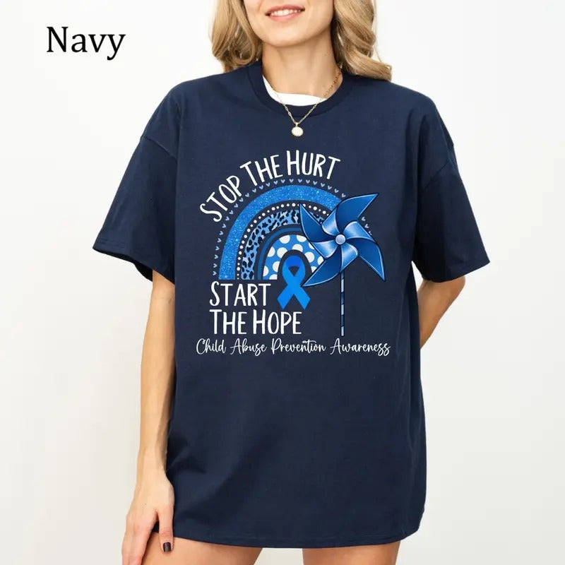 Child Abuse Prevention Awareness T-Shirt, Blue Ribbon Rainbow Tee, April Awareness Shirt, Ultra Soft Cotton Tee, Everyday...