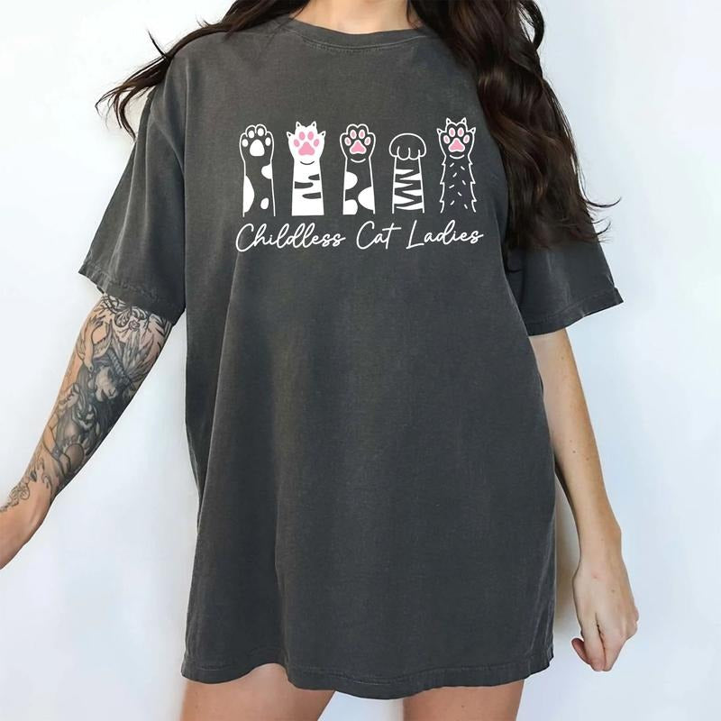 Childless Cat Ladies Vintage Shirt,  Cat Paw Print Graphic Printed Tee, Childfree by Choice Tee Women Power Graphic...