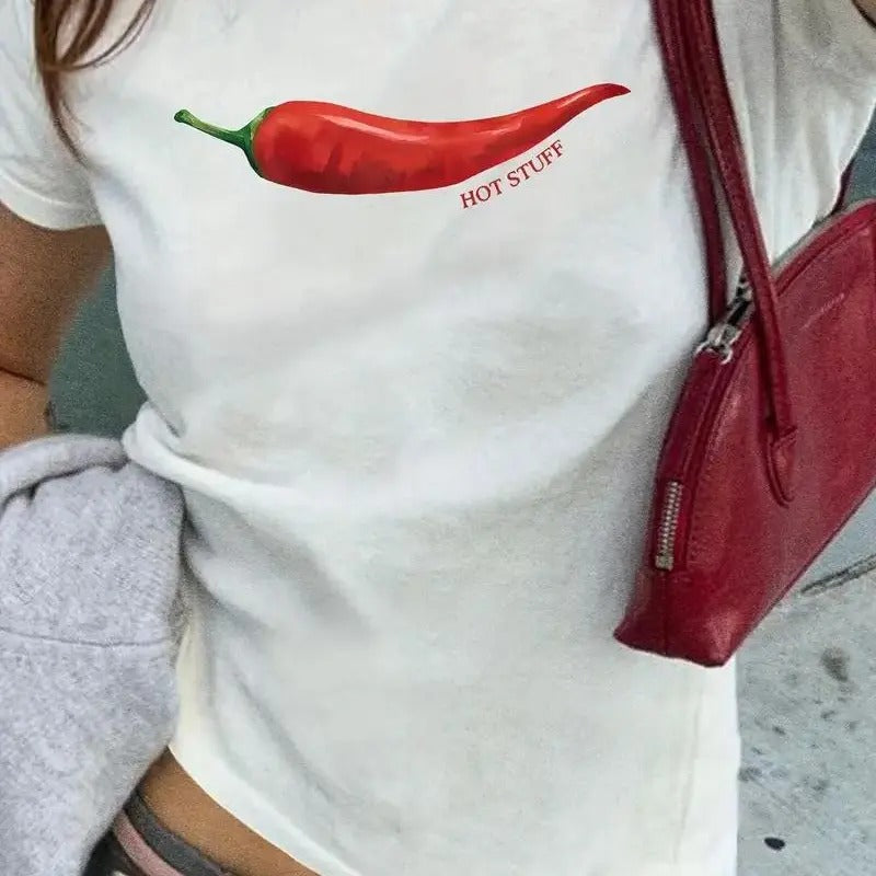 Chili Print T-shirt, Short Sleeve Crew Neck Casual Top For Summer & Spring, Women's Clothing Hoodie, Sweatshirt