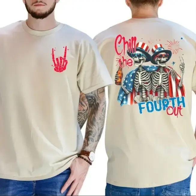 Chill The Fourth Out T Shirt, Funny Skeleton 4th of July Graphic Tee, Patriotic Party Shirt for Men Women, USA...