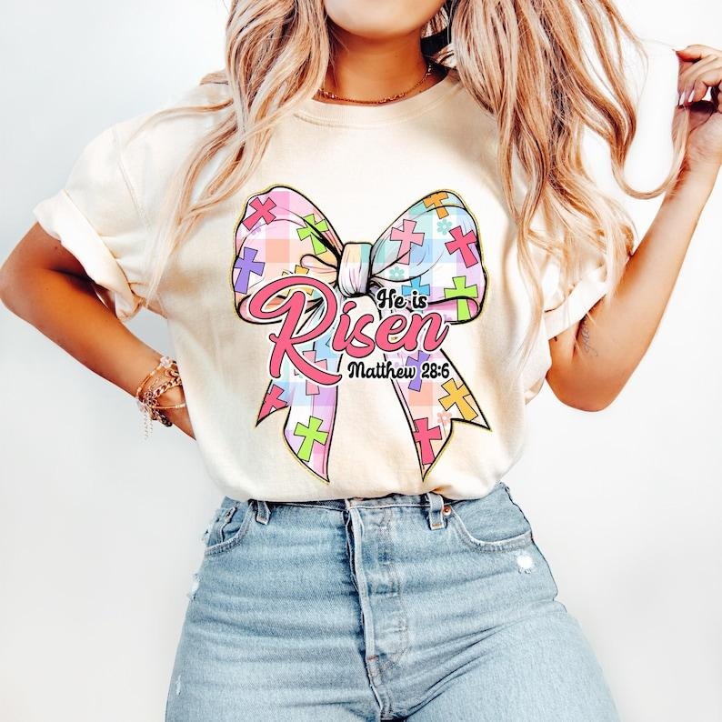 Christian Easter Coquette Bow He Is Risen Retro Checkered Easter Jesus Cross Easter Story T-Shirts, Hoodie, Sweatshirt