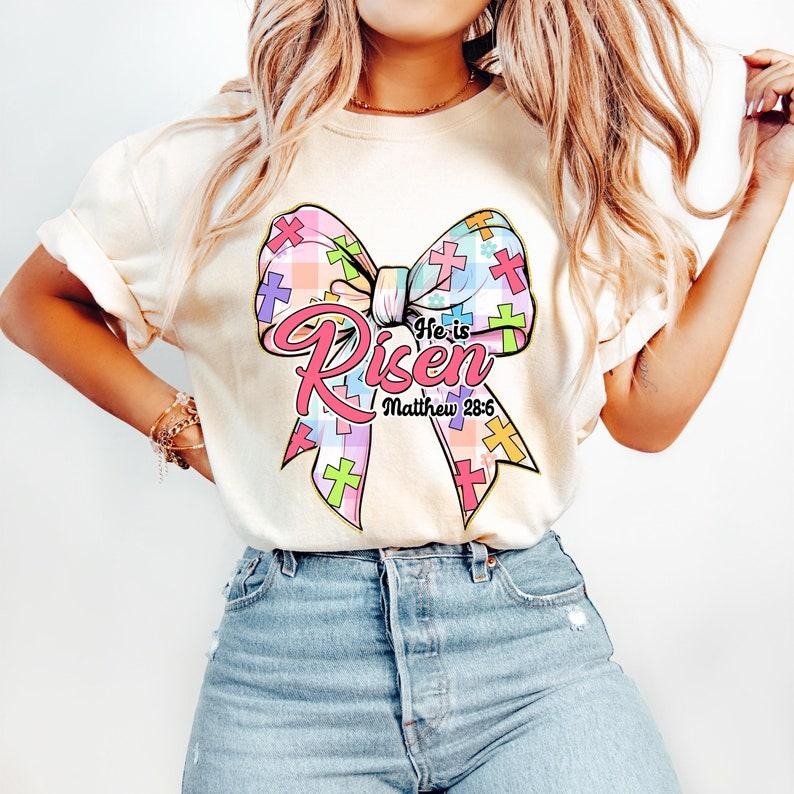 Christian Easter Coquette Bow, He is Risen, Retro Checkered Easter, Jesus Easter Cross, Easter Story Tshirt Hoodie,...