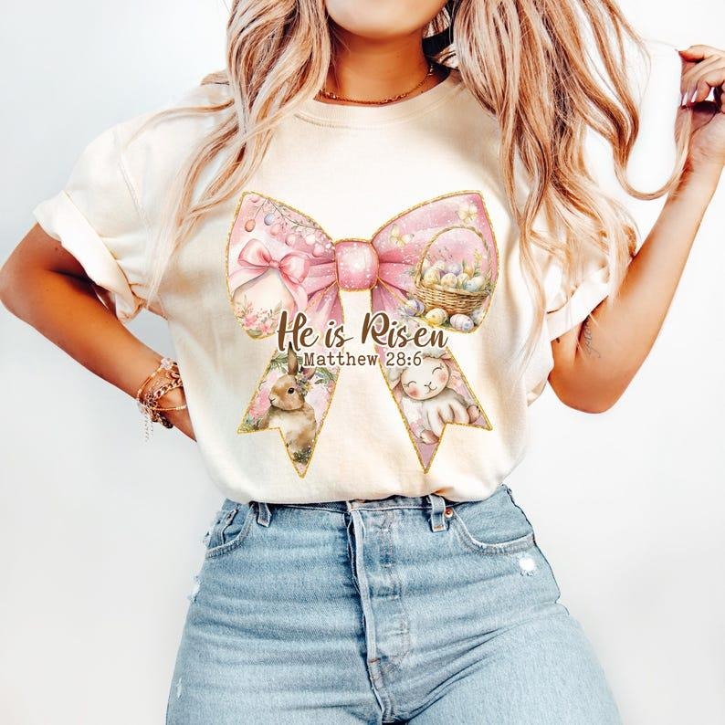 Christian Easter Coquette He Is Risen Bunny Retro Easter Bible Verse Matthew 28:6 T-Shirts, Hoodie, Sweatshirt