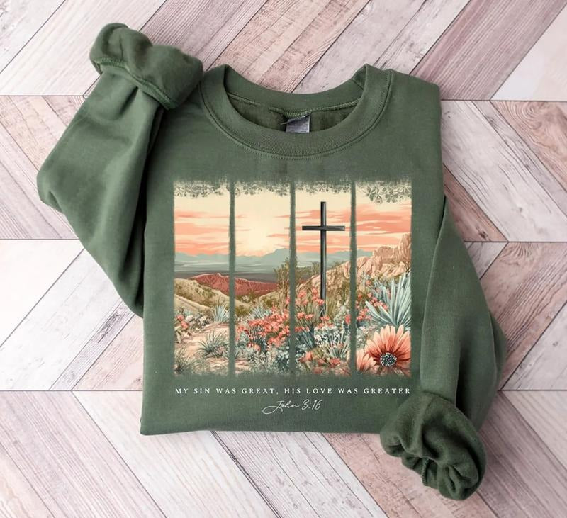 Christian Easter Cross Sweatshirt, My Sin Was Great His Love Was Greater Shirt, Bible Verse T-Shirt, Boho Floral Easter...