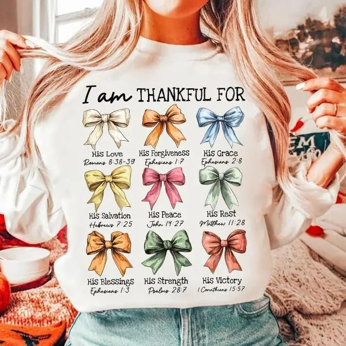 Christian Thankful Pumpkin T-Shirt, Bible Verse Fall Sweatshirt, Jesus Loves Coquette Bow Halloween Clothing, Unisex...