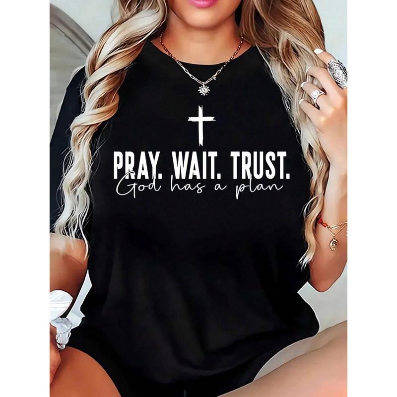 Christian Women's T-Shirt Pray. Wait. Trust. God Has A Plan Cross Print Loose Fit Top For Faith-Based Gifts, Religious...