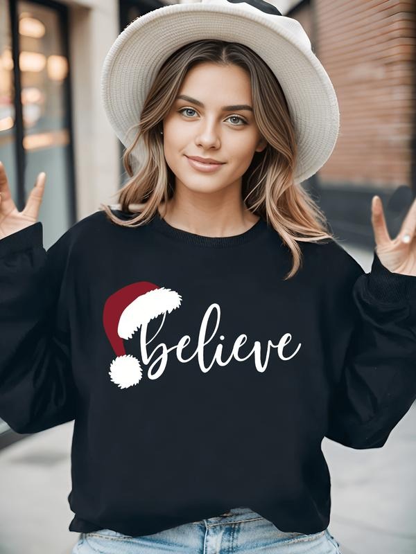 Christmas Believe Print Sweatshirt, Casual Crew Neck Long Sleeve Sweatshirt, Women's Clothing Sweatshirt T-Shirts, Hoodie