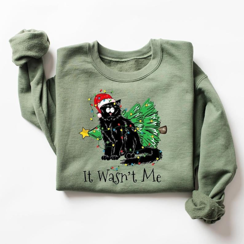Christmas Black Cat Sweater, It Wasn't Me Shirt, Christmas Gift For Cat Lover, Xmas Holiday T-Shirt, Funny Black Cat Tee,...