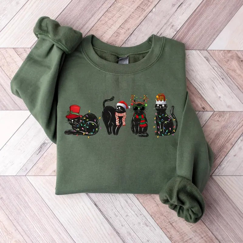 Christmas Black Cat Sweatshirt for Women, Unisex Fabric, Cute Cat Lover Gift - Pullover T-Shirts, Hoodie | HypeCrazeTee.com