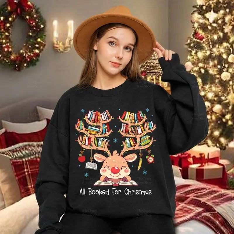 Christmas Books Sweater for Men and Women - Reindeer Books Xmas Tee - All Booked For Christmas - Nerd Shirt