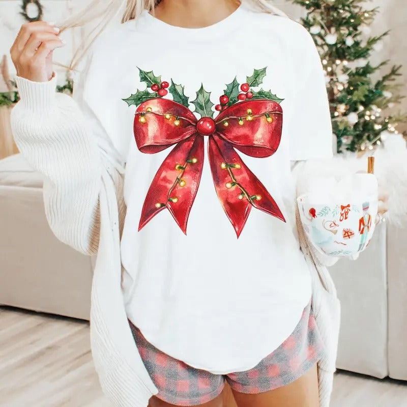 Christmas Bow Sweatshirt Tshirt, Coquette Bow Shirts, Christmas Girly Tees, Christmas Gift, Christmas Tee, Xmas Coquette...