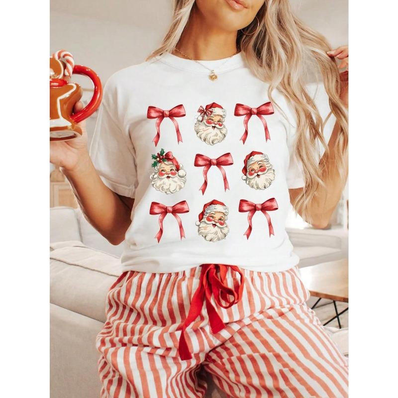 Christmas Bowknot & Santa Claus Printed Round Neck Short Sleeve T-Shirt Graphic Tees Women Tops Hoodie, Sweatshirt