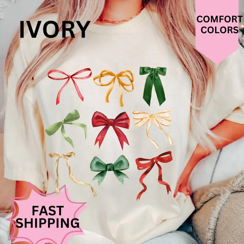 Christmas Bows Shirt, Holiday Bows, christmas shirt Women's Oversized Christmas Shirt - Festive Printed Design