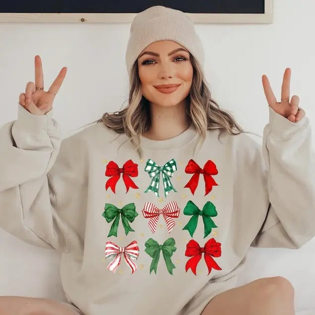 Christmas Bows Sweater, Trendy Christmas Crewneck, Winter Sweatshirt, Xmas Graphic Pullover, Cute Holiday Jumper, Baggy...