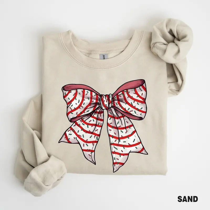 Christmas Cake Bow Sweatshirt, Coquette Christmas Shirt, Women's Holiday Shirt, Christmas Bow Sweatshirt for Women,...