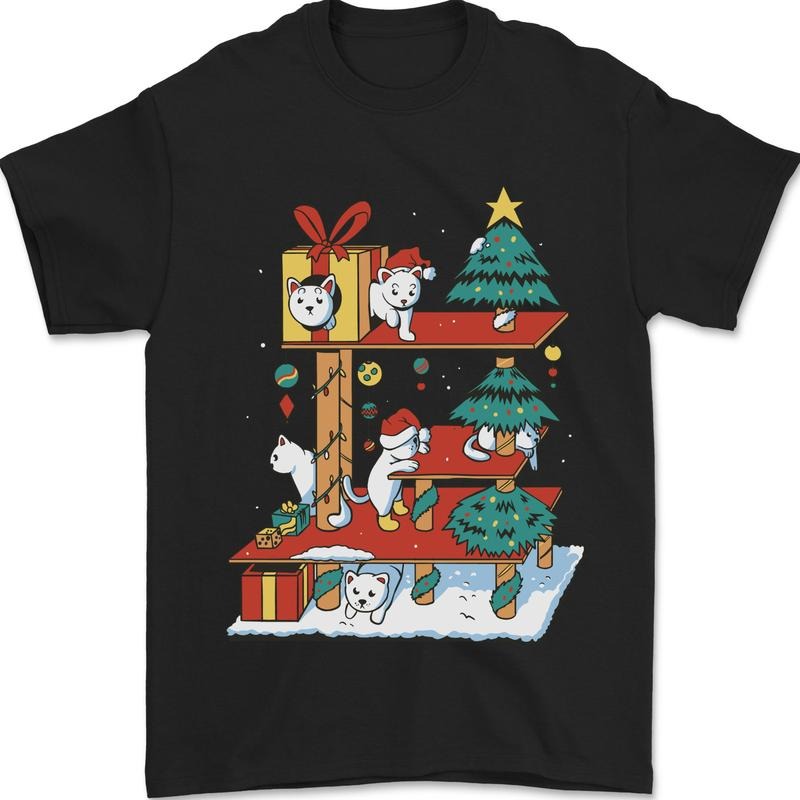 Christmas Cat House Funny Winter Xmas Mens T-Shirt Cotton Made in USA Hoodie, Sweatshirt | HypeCrazeTee.com