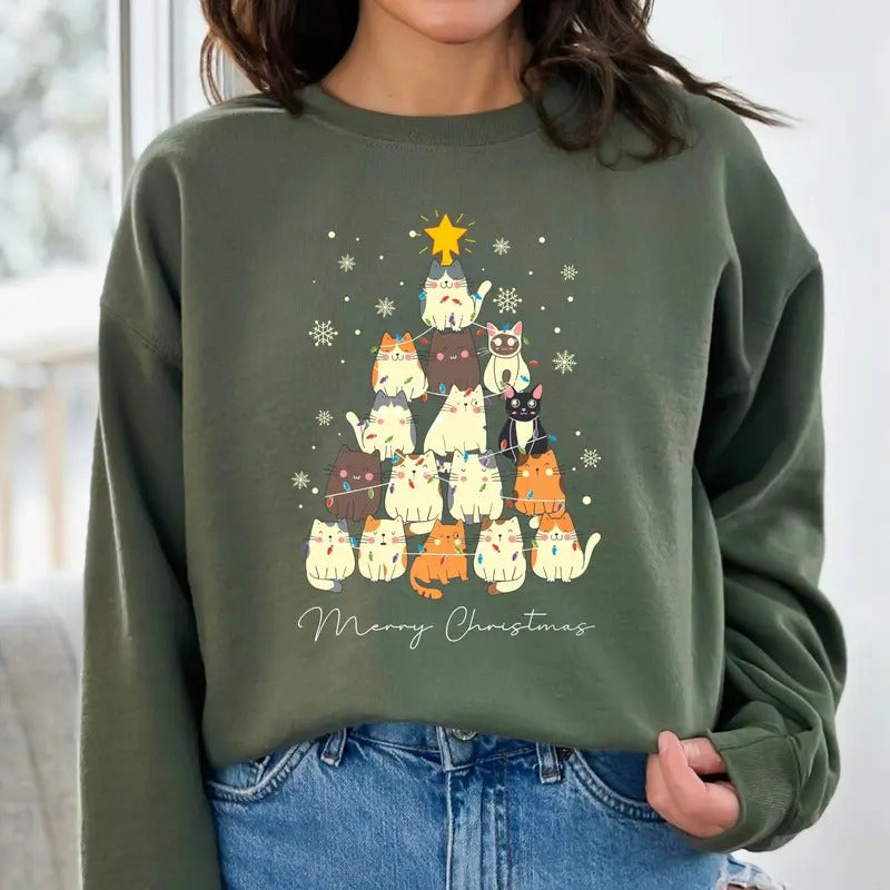Christmas Cat Tree Sweatshirt for Cat Lovers - Unisex Cotton Sweatshirt - Fabric Crewneck Fit T-Shirts, Hoodie