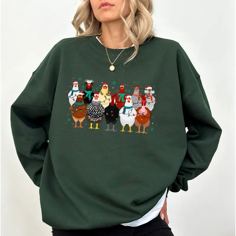 Christmas Chickens Sweatshirt, Christmas Farm Animals Crewneck, Chicken Lovers Long Sleeves Pullover, Funny Christmas...