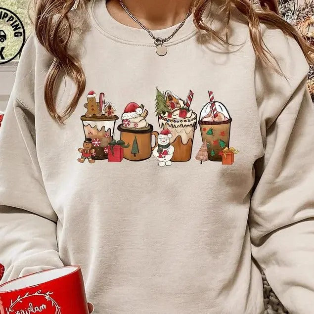 Christmas Coffee Crewneck Sweatshirt, Gingerbread Christmas Drinks Jumper, Coffee Lover Xmas Gift T-Shirts, Hoodie
