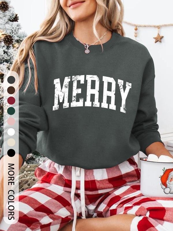 Christmas Comfortable Casual Pullover Sweatshirt for Women, Loose Round Neck Design, Merry Print, Fashionable Versatile...