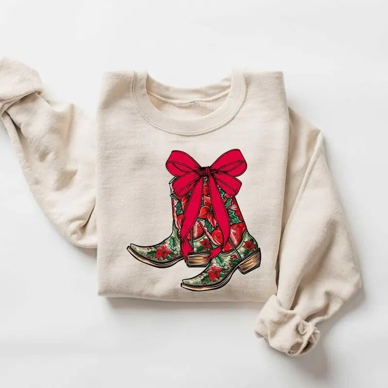Christmas Coquette Boots Sweatshirt, Have A Boot Scootin Merry Christmas, Western Sweatshirt, Christmas Sweater, Cowgirl...