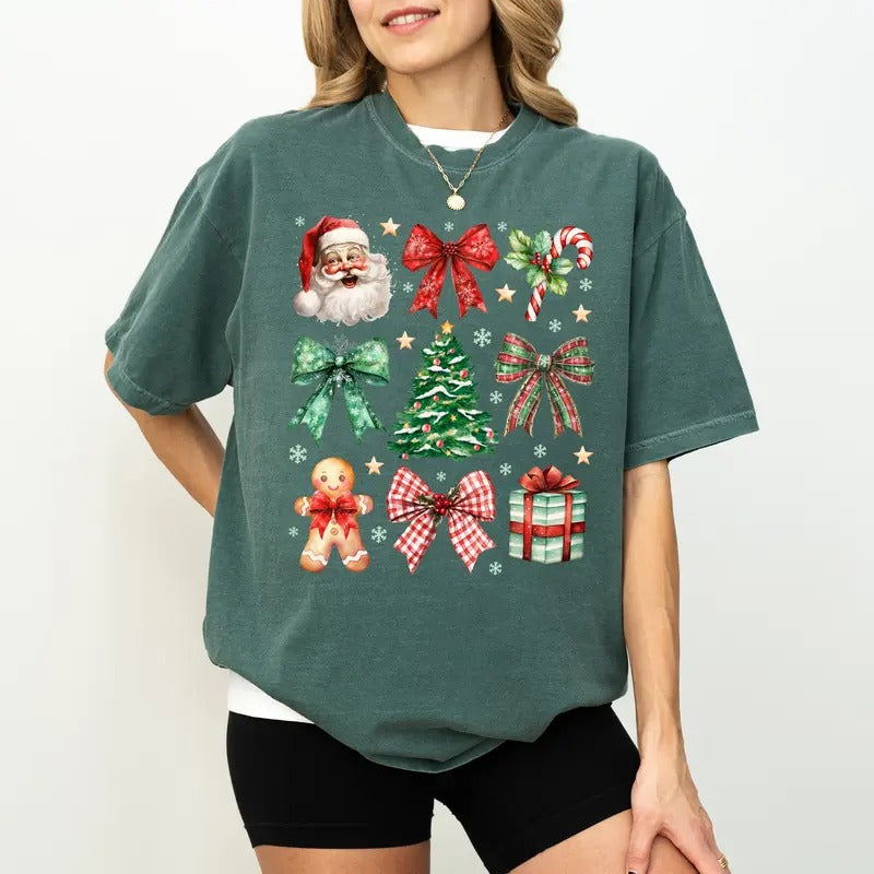 Christmas Coquette Bow Shirt Comfort Colors, Girly Christmas Tee for Women, Santa Claus Christmas Tree Gift T-shirt,...