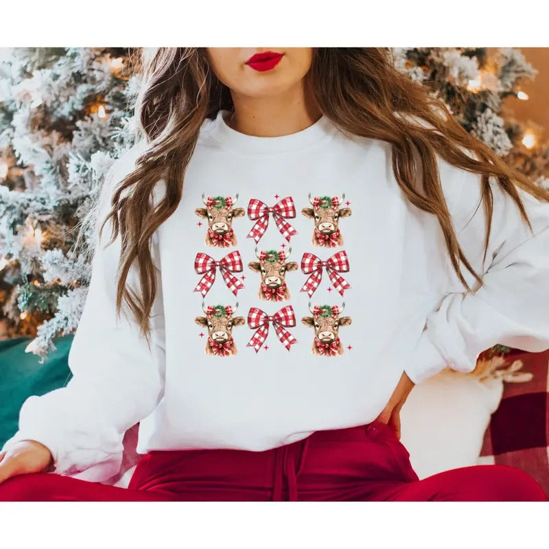 Christmas Coquette Cow Sweatshirt Christmas Bow Sweatshirt T-Shirts, Hoodie | HypeCrazeTee.com