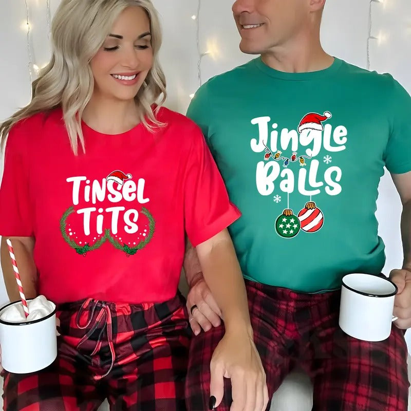 Christmas Couple Matching Tees, Jingle Balls T-shirt, Tinsel Tits Shirt, Funny Couple Party Outfits, Adult Humor Tops,...
