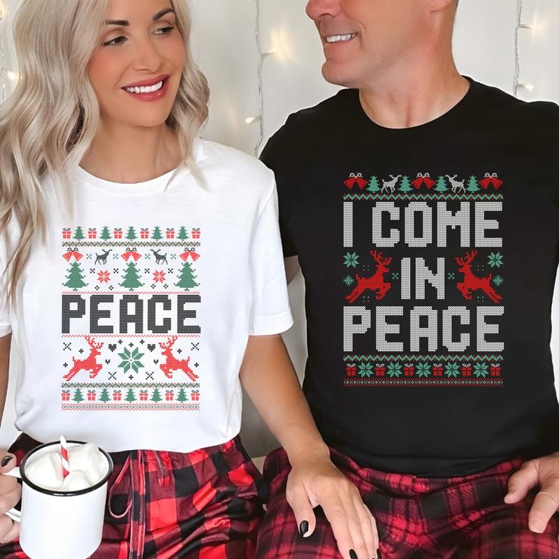 Christmas Couple Matching Ugly T-shirt, I Come In Peace Shirt, I'm Peace Tshirt, Adult Humor Tees, Funny Holiday Party...