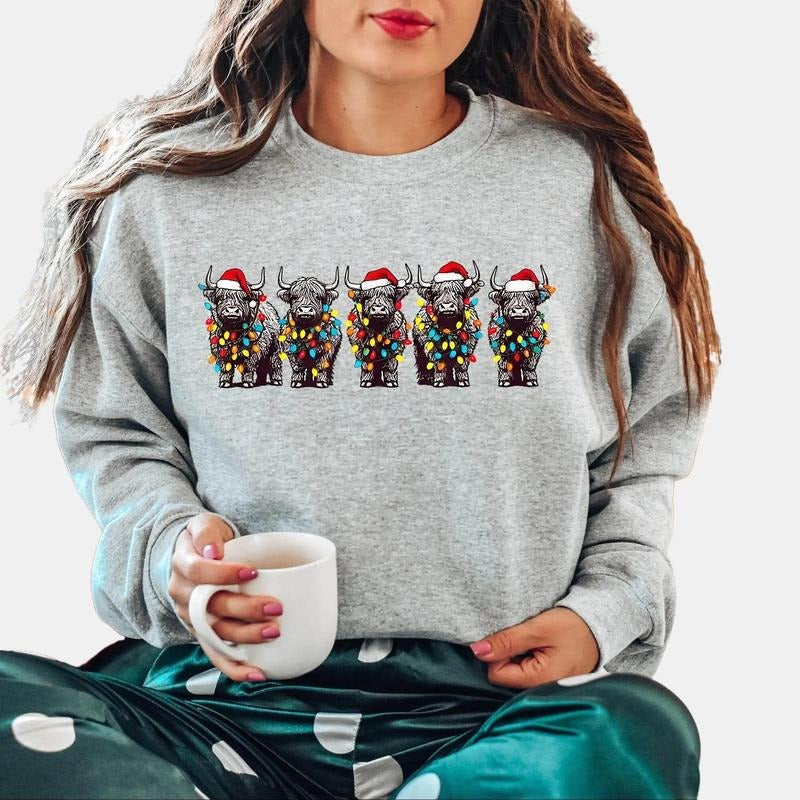 Christmas Cows Sweatshirt, Cow Lights Sweater, Cow Women Sweatshirt, Unisex Crewneck Sweatshirt & Shirt Cotton Fabric Hoodie