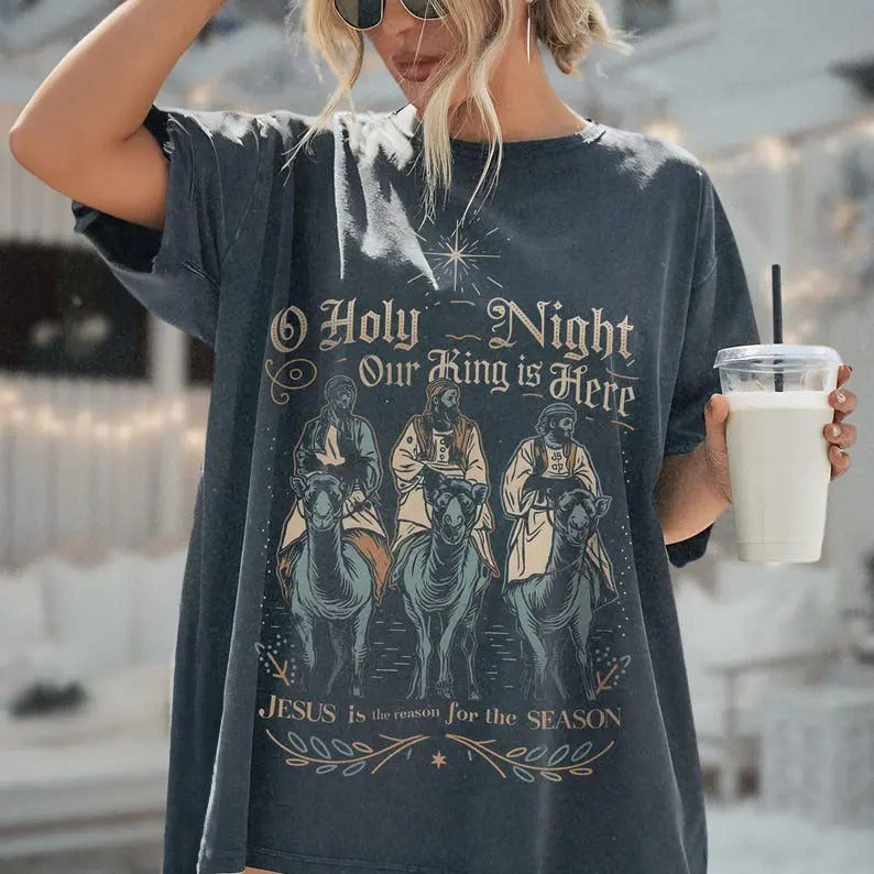 Christmas Crewneck sweatshirt, O HOLY NIGHT Our King is Here Sweatshirt, Vintage Christmas Shirt, Bible Verse for...
