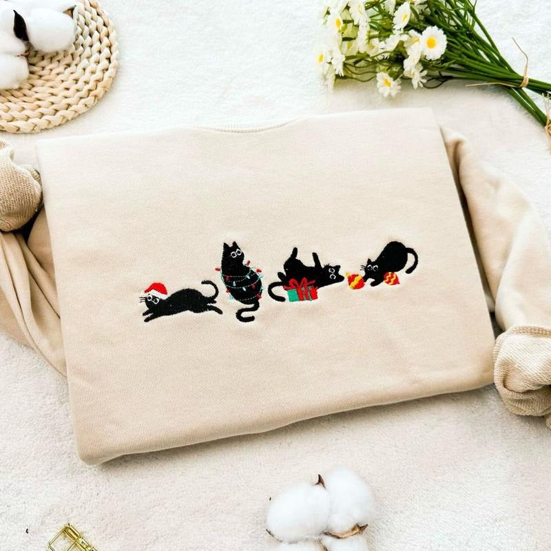 Christmas Cute Cat Embroidered Sweatshirt, Embroidered Funny Christmas Hoodie, Christmas Cute Cat Shirt, Cat Lover Crew...