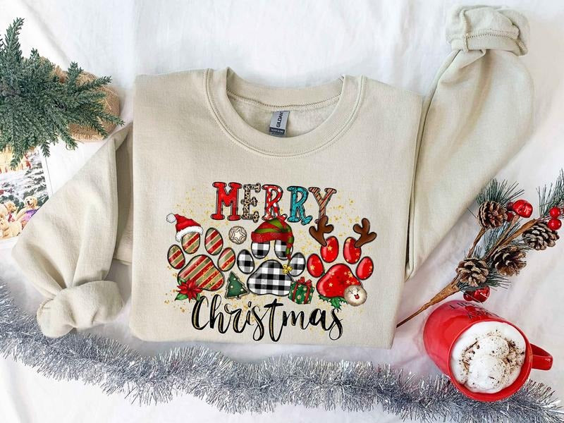 Christmas Dogs Sweatshirt, Dog Mom Shirt, Dogs paws Sweatshirt, Puppies Shirt, Christmas Shirt Classic Cotton Hoodie