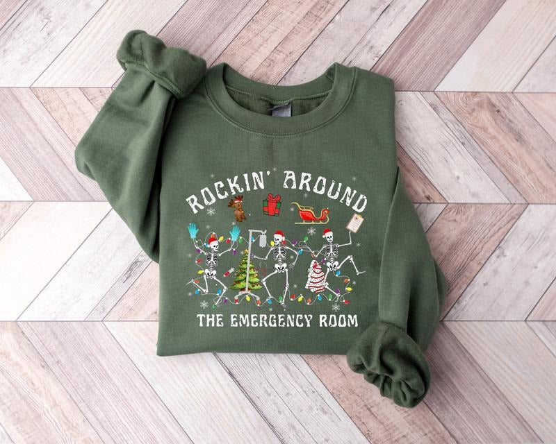 Christmas ER Nurse Sweatshirt, ER Nurse Shirt, Rockin' Around Skeleton, Er Tech Shirt, Emergency Department, Christmas...