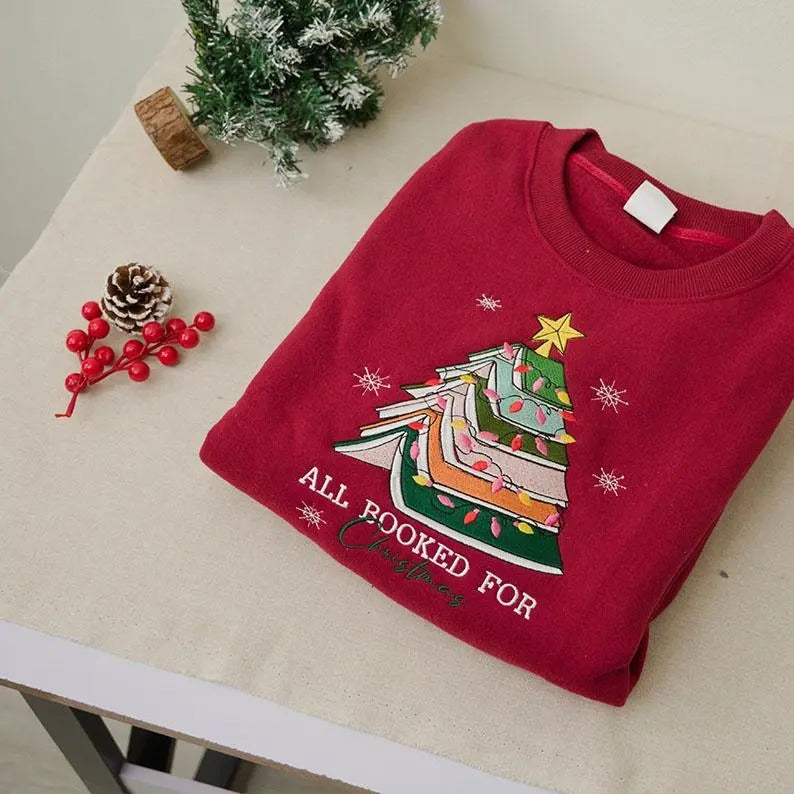 Christmas Embroidered Sweatshirt for Book Lovers - Unisex Loose Fit - Pullover, Fabric T-Shirts, Hoodie | HypeCrazeTee.com