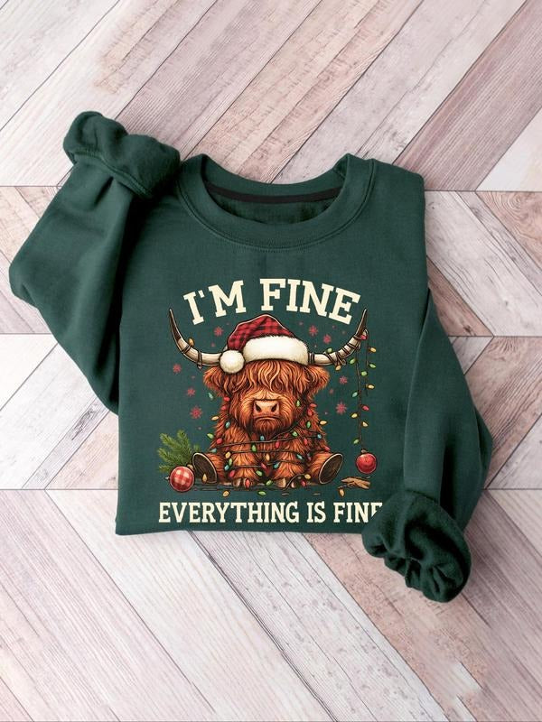 Christmas Highland Cow Sweatshirt - 'I'M FINE EVERYTHING IS FINE' Funny Slogan Graphic Sweater, Dark Green Oversized...