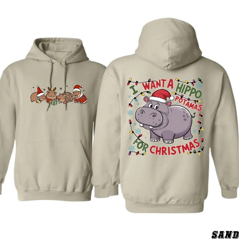 Christmas Hippo Hoodie - Festive Graphic Sweater for Men - Tops, Sweatshirts T-Shirts | HypeCrazeTee.com