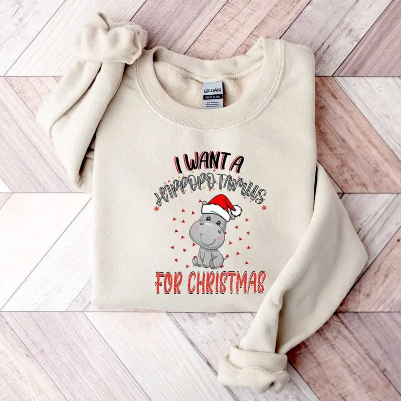 Christmas Hippopotamus Sweatshirt - Unisex Cotton Fabric Classic Crewneck T-Shirts, Hoodie | HypeCrazeTee.com
