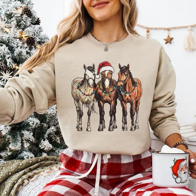 Christmas Horses Sweatshirt - Western Cowboy Christmas T-Shirt, Horse Lover Country Christmas Farm Animal Clothing,...