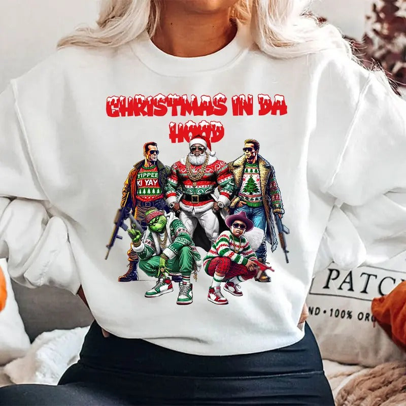 Christmas In Da Hood Shirt, Christmas Movies Shirt, Xmas Graphic Tee Comfort Cotton Fabric Womenswear Fabric Womenswear...