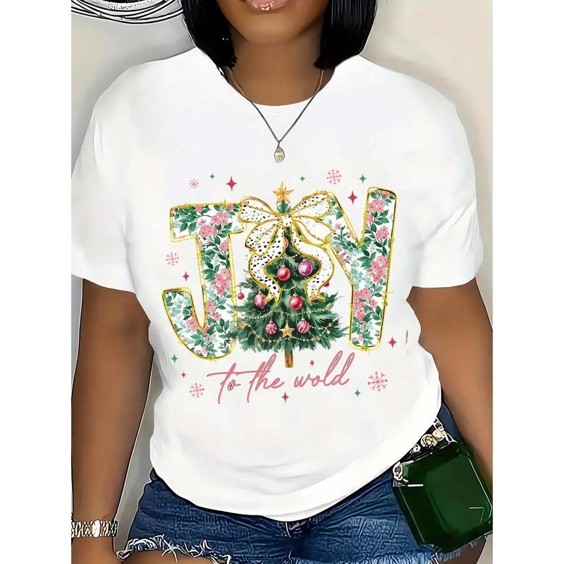 Christmas Joy To The World T-Shirt With Festive Tree Design For Women 220g Cotton Regular Fit Short Sleeve Black Casual...