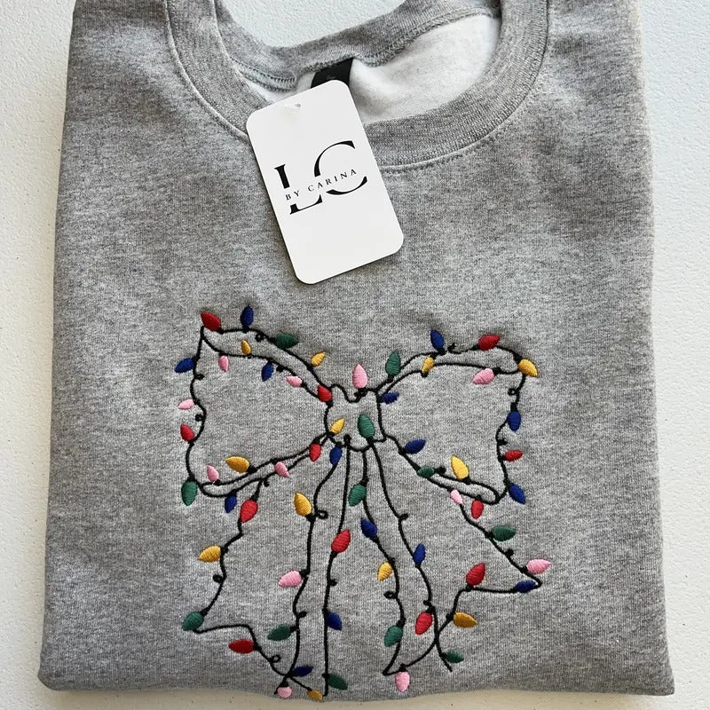 Christmas Lights Bow Embroidered Sweater | Festive Holiday Sweatshirt | Cozy Christmas Lights Sweater | Perfect for...