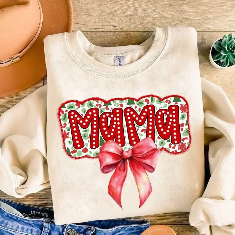 Christmas Mama Coquette Shirt with Mama Claus and Xmas Doodles - Pullover, Fabric Hoodie, Sweatshirt | HypeCrazeTee.com