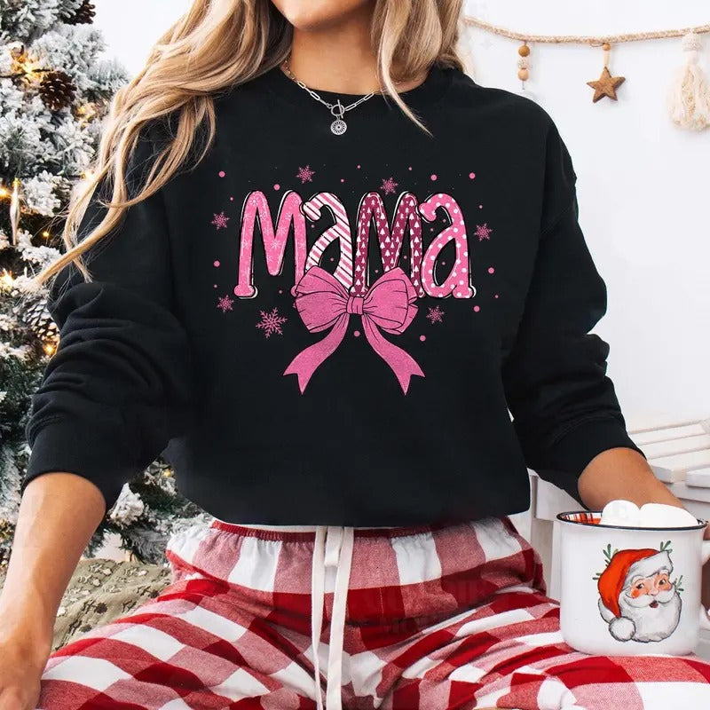 Christmas Mama Sweatshirt, Coquette Bow Christmas Mama Claus Shirt - Fabric, Pullover Hoodie | HypeCrazeTee.com