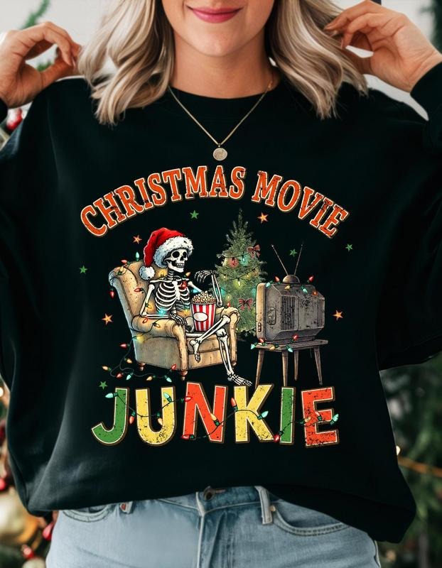 Christmas Movie Junkie Sweatshirt, Holiday TV Enthusiast Sweatshirt, Festive Skeleton Christmas Shirt Cozy Winter Top...