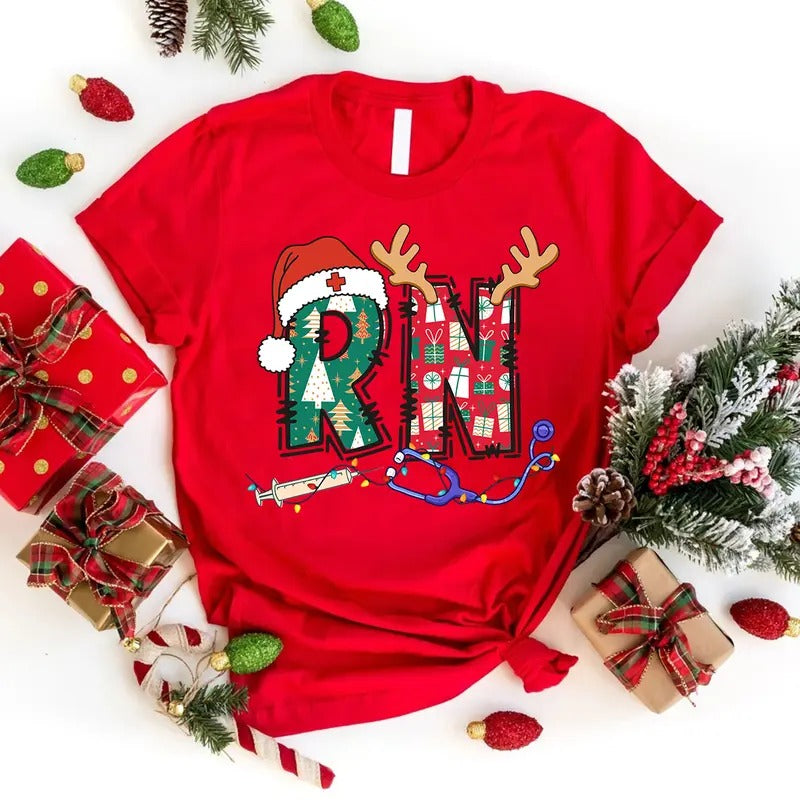 Christmas Registered Nurse T-shirt, Christmas Squad Shirt, Xmas RN Tee, Christmas Gift for Nurse Cotton Fabric Hoodie,...