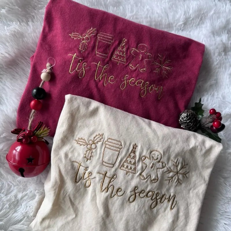 Christmas Shirt, Embroidered Christmas Tshirt, Tis The Season Tshirt Hoodie, Sweatshirt | HypeCrazeTee.com