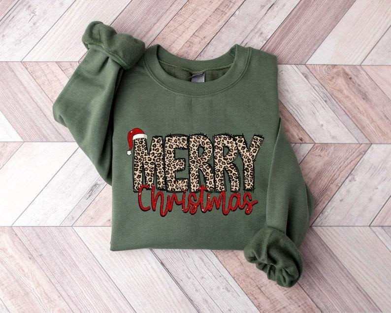 Christmas Shirt, Merry Christmas Sweatshirt, Leopard Printed Christmas Shirt, Christmas Gift Shirt, Women Leopard...