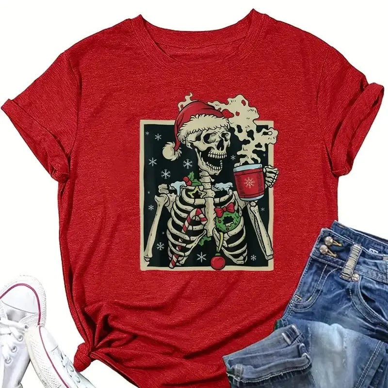 Christmas Skeleton Print Crew Neck T-Shirt, Casual Short Sleeve Top For Spring & Summer, Women's Clothing Cotton Crewneck...