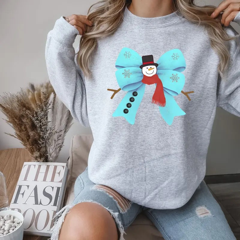 Christmas Snowman Bow Crewneck Sweatshirt Comfortable T-Shirts, Hoodie | HypeCrazeTee.com